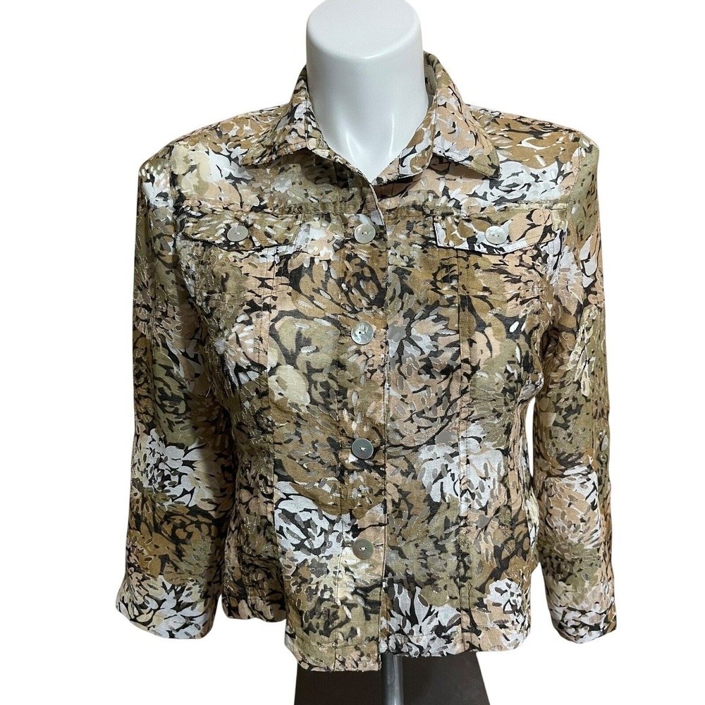 Ruby Rd.‎ Neutral Floral Print Button Down Shirt Jacket Petite Career 14P Retro